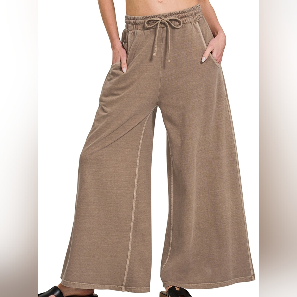 Zenana French Terry Pigment Dyed and Enzyme Washed Pants, Mocha